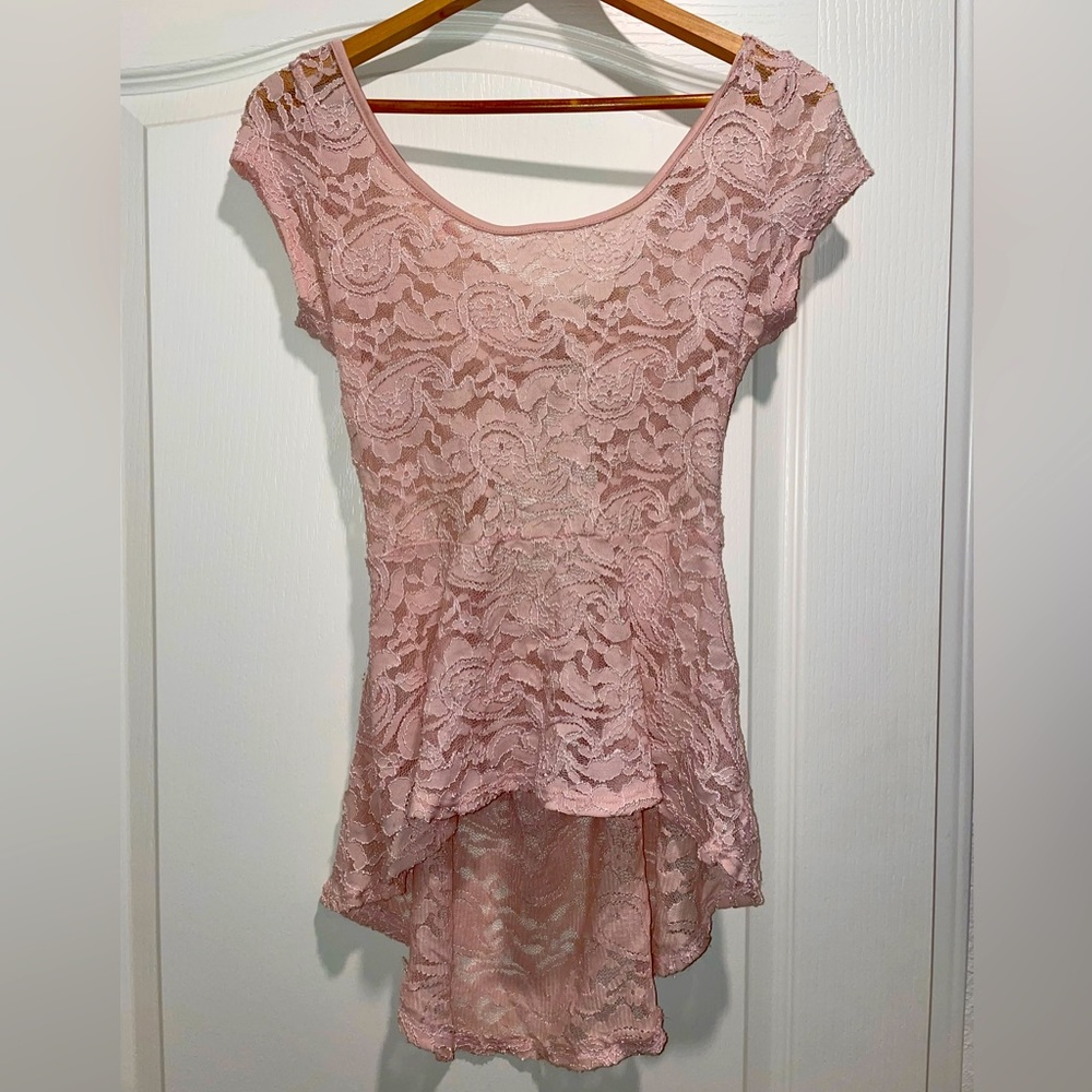 Dusty Rose Colored Lace Shirt. Sexy Back Detail.